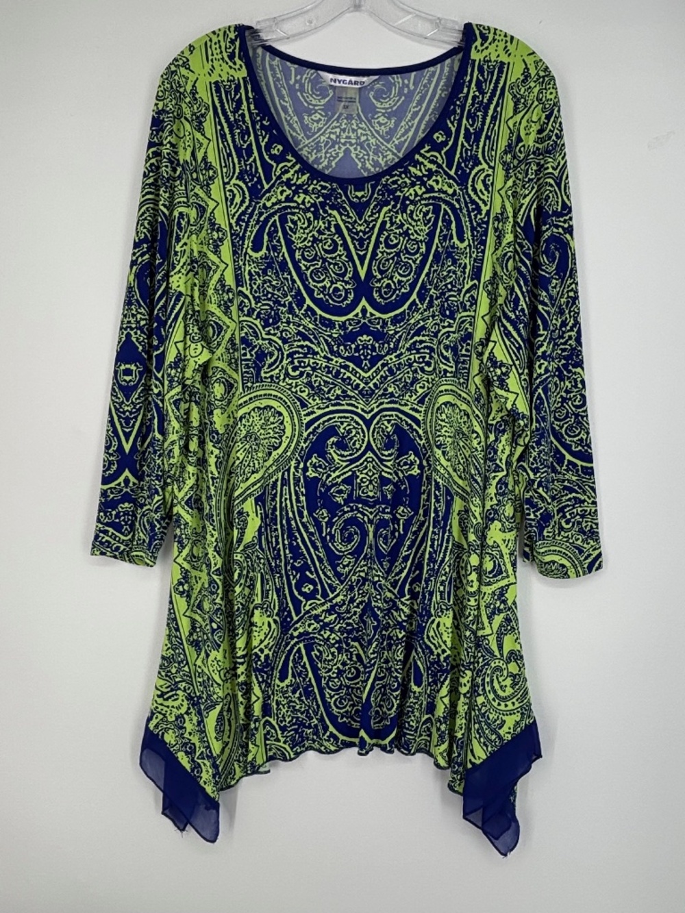Peter Nygard Womens 3X Pullover Tunic Top Green Blue Paisley Shark Bite Mesh